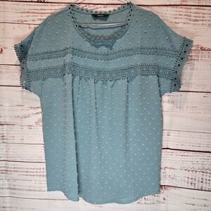 Teal Blue Boho Textured Button Back Short Sleeve Lace Trim Top NWOT Women Medium